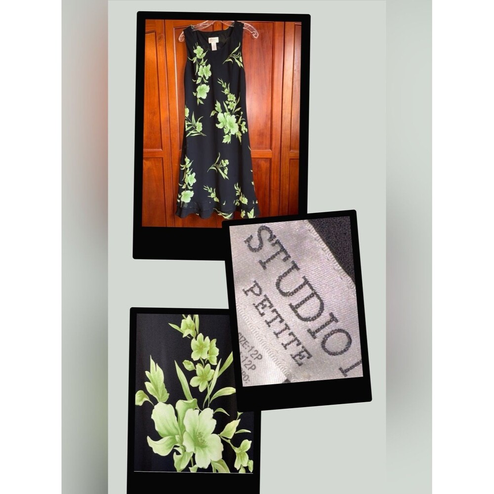 Studio I Black Dress with Green Floral Design #1554